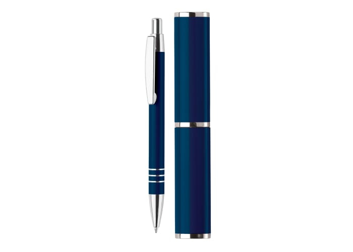 Stylo bille publicitaire dans tube métal Bleu foncé